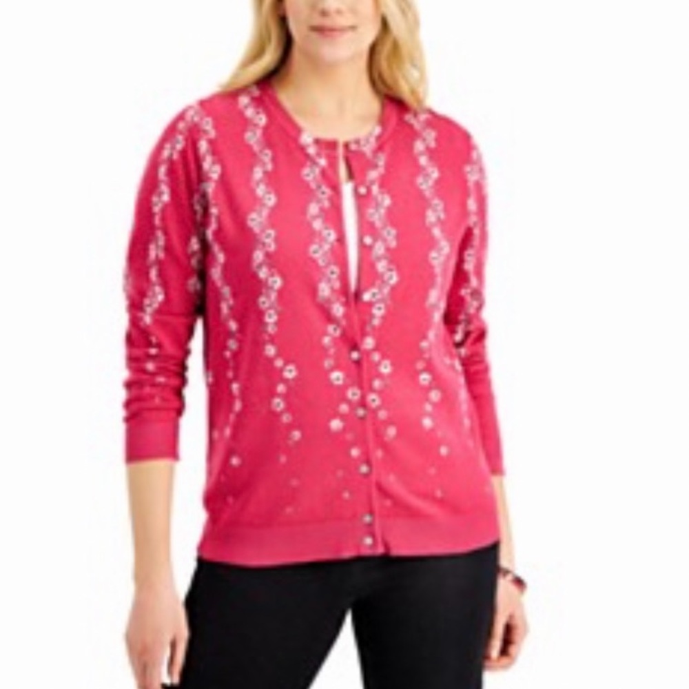 Karen Scott floral print cotton blend jersey button down cardigan sweater